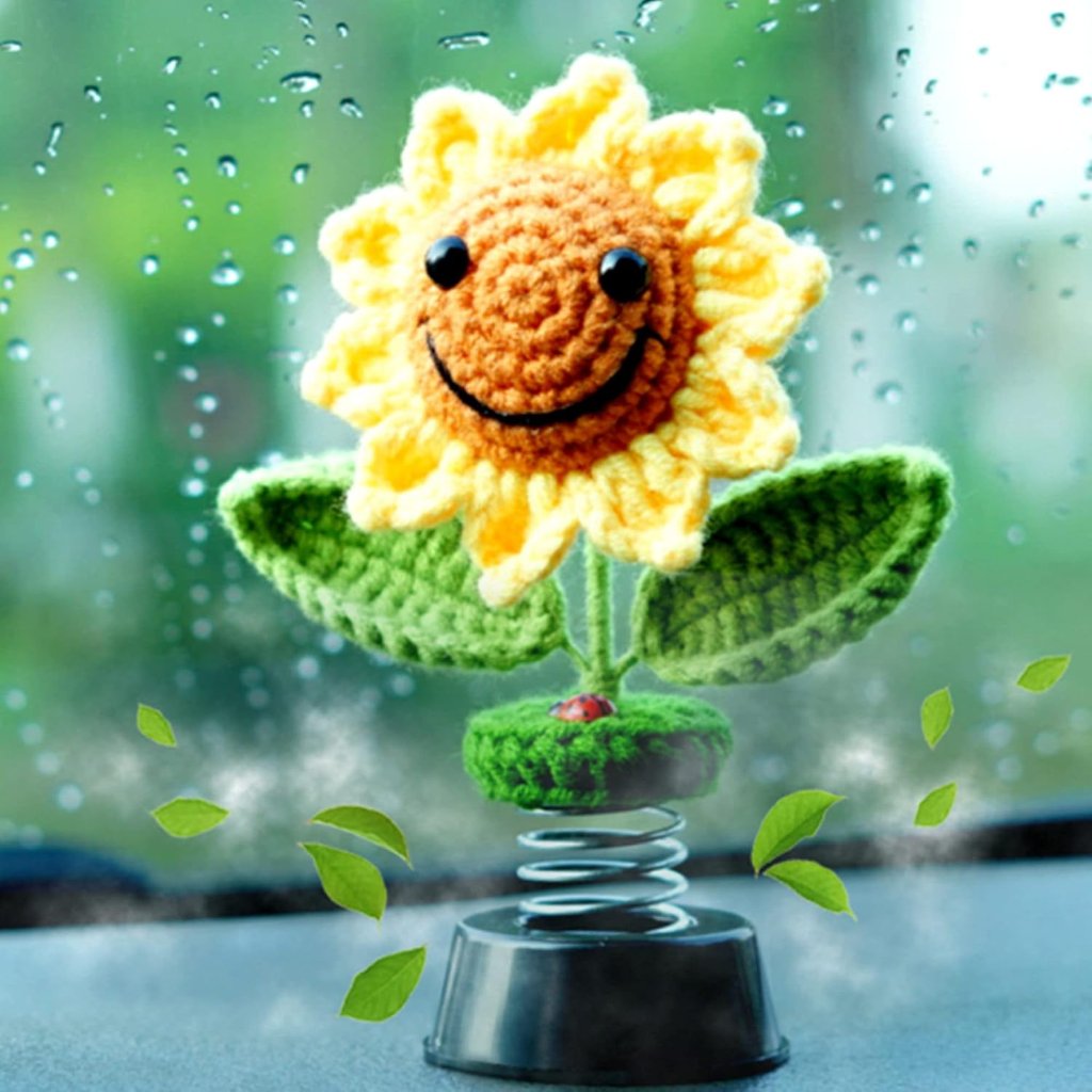 Sunflower Car Accessories Dashboard Decorations Crochet Smiley Shaking Sun Flow
